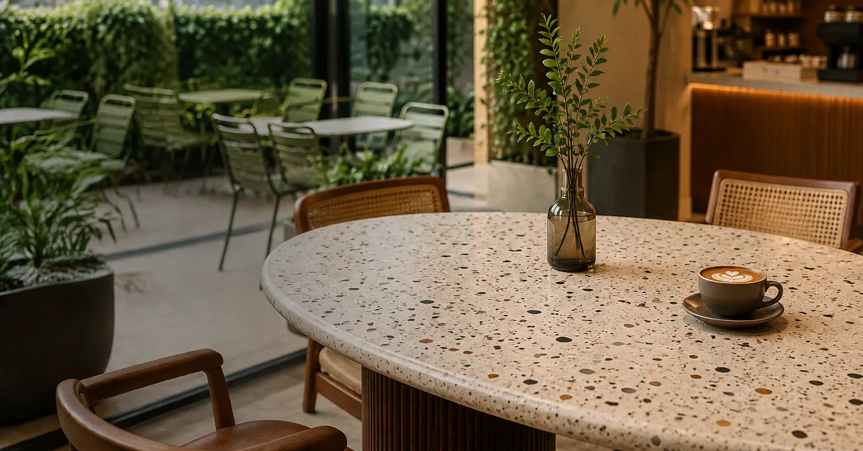 furnitur kafe plastik daur ulang Robries di interior kafe modern