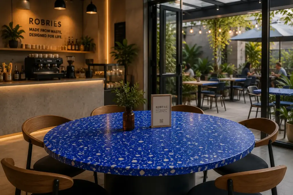 furnitur kafe plastik daur ulang Robries di interior kafe modern